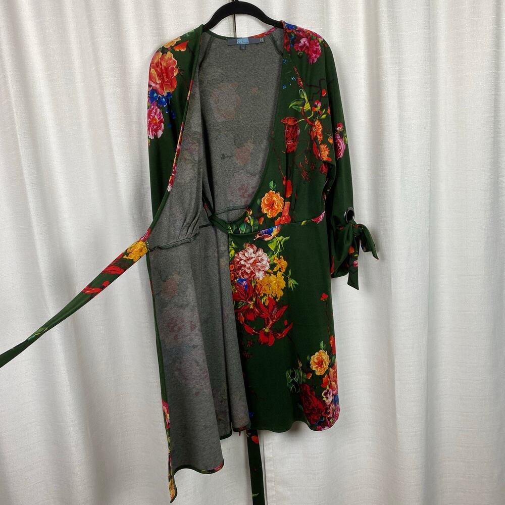 Anthropologie Eva Franco Green Floral Dahlia Wrap Mini Dress Sz.S - Picture 5 of 15